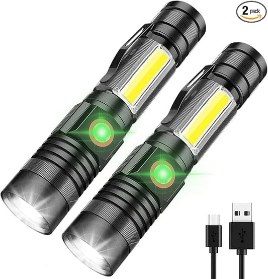 iToncs LED Rechargeable, 2000 Lumens Super Bright Magnetic Flashlight with COB Work Light, Waterproof, 4 Modes, Pocket Tactical Flashlights for Outdoor Camping Emergency 2 Packs