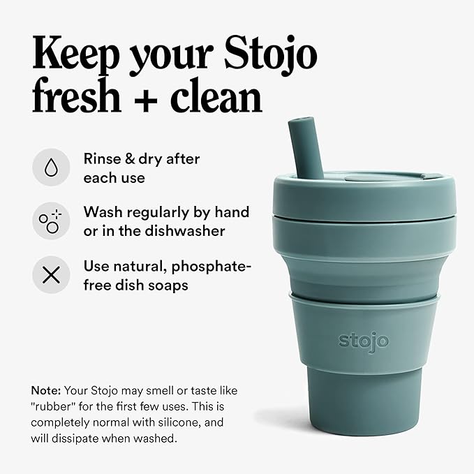 STOJO Collapsible Travel Cup With Straw- Eucalyptus, 16oz / 470ml - Reusable To-Go Pocket Size Silicone Cup for Hot and Cold Drinks - Perfect for Camping and Hiking - Microwave & Dishwasher Safe