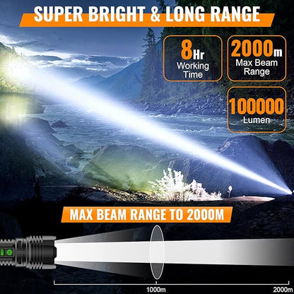 Flashlights 100000 High Lumens Rechargeable - 360° COB Lantern Camping Flashlight 2000 Meters Long Beam Super Bright LED Flash Light, Waterproof, 20H Runtime,5 Modes,Zoomable Handheld Flashlight