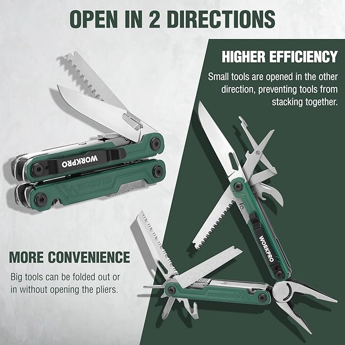 WORKPRO 18-in-1 Multi Tool Pliers, Stainless Steel EDC Multitool with Pocket Knife, 2 Safety Locks, Belt Clip and Oxford Pouch, Multipurpose Utility Multiuse Tool for Camping Outdoor Activities