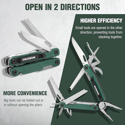 WORKPRO 18-in-1 Multi Tool Pliers, Stainless Steel EDC Multitool with Pocket Knife, 2 Safety Locks, Belt Clip and Oxford Pouch, Multipurpose Utility Multiuse Tool for Camping Outdoor Activities