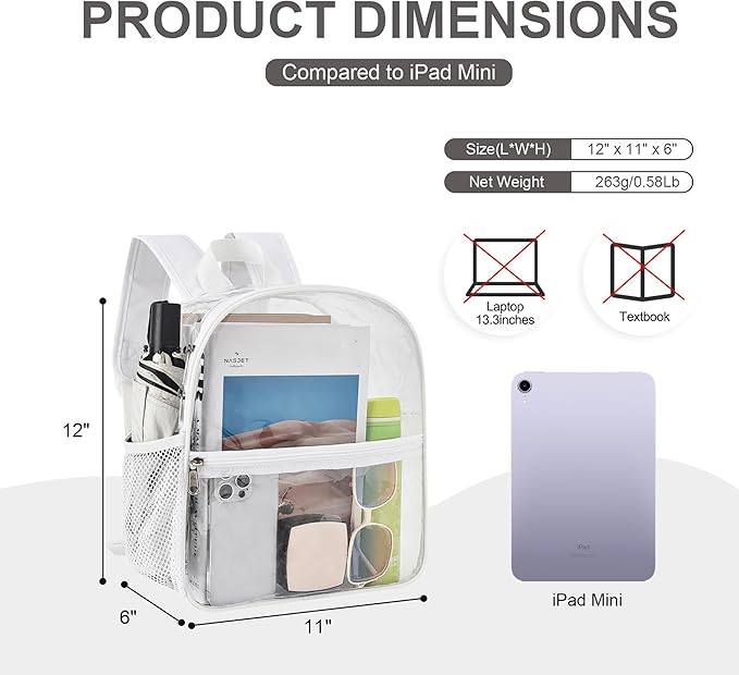 Oraben Clear Backpack for Stadium Events Stadium Backpack Waterproof 12x6x12 Clear Bag for Adult Concert Sport Work