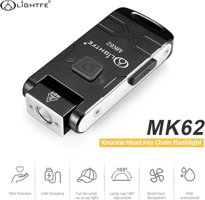 LIGHTFE MK62 Mini Keychain Flashlight USB Rechargeable Flashlight 280 Lumens Knuckle Head Long Runtime High Waterproof for Everyday Carry Camping Emergency LED Light Torch