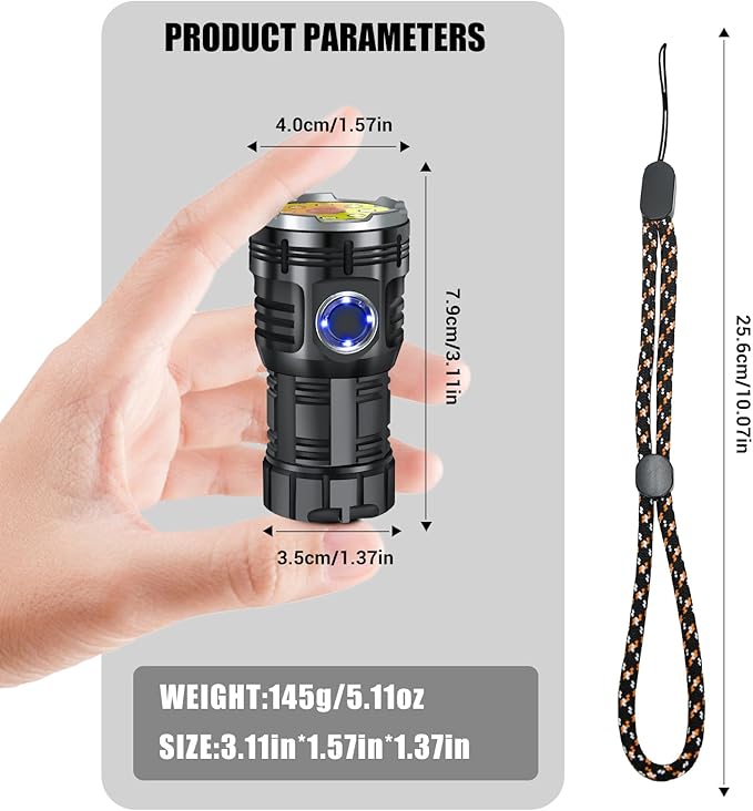 Multi-Function Strong Light Flashlight, 3000LM Mini Flashlight, 8 Light Modes, IPX6 Waterproof, Magnetic, with Cap Clip, Suitable for Outdoor, Camping, Power outages(Black Large 1 PCS)