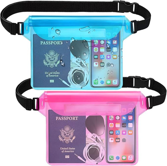 Hatisan Waterproof Pouch with Waist Strap, Waterproof Fanny Pack Keep Phone Valuables Safe and Dry Beach Accessories for Vacation Boating Swimming Snorkeling Kayaking Pool(2 Pack,Blue+Pink)