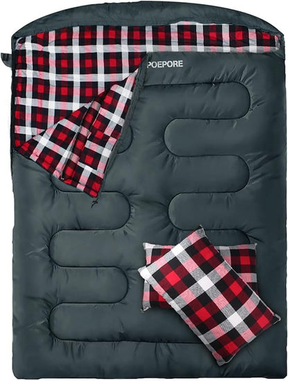 Double Sleeping Bag Flannel for Adults with 2 Pillows 2 Person Sleeping Bags Camping XXL Queen Size Two Person Sleeping Bag for Cold Weather