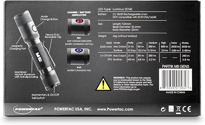 PowerTac M5 GEN3 - The Crescent Wrench of Tactical LED Rechargeable Flashlights. Intense 2030 Lumens, 330M Throw with Ample Fill for Closer Distances, Enhanced Magnetic Charging