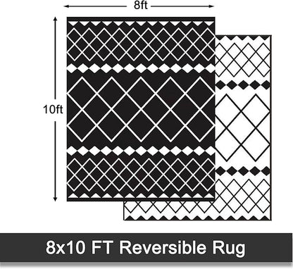 Outdoor Rugs 8x10 for Patios Clearance,Waterproof Mats for Camping,Porch,RV, Portable Plastic Straw Area Rugs Carpet for Picnic,Reversible,Black and White