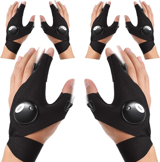 Frienda 3 Pair LED Flashlight Gloves Gifts for Men Light Fingerless Outdoor Fishing Gloves Tool Gadgets Gifts for Repairing Working in Places for Men Women Fishing Camping Christmas Birthday Gift