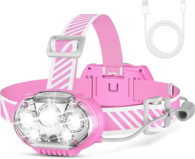 Rechargeable Headlamp,20000 High Lumen Bright 5 LED Head Lamp with Red White Light,IPX4 Waterproof Headlight,8 Mode Head Flashlight for Outdoor Running Hunting Fishing Hiking Camping Gear-Pink