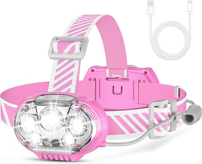 Rechargeable Headlamp,20000 High Lumen Bright 5 LED Head Lamp with Red White Light,IPX4 Waterproof Headlight,8 Mode Head Flashlight for Outdoor Running Hunting Fishing Hiking Camping Gear-Pink