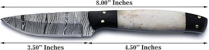 Handmade Damascus Steel Knife Bowie for Hunting,Survival,Camping,Bushcraft and Fishing Fixed Blade withDrop Point-Full Tang Bone Handle with Cowhide-Leather Sheath - WKD-775
