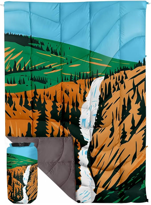 Outdoor Puffy Camping Blanket, Lightweight Down Alternative Puffy Printed Camping Large Ultra Warm Hammock Top Quilt Waterproof Blanket for Traveling Picnic Beach Party Cold Weather (Waterfall)