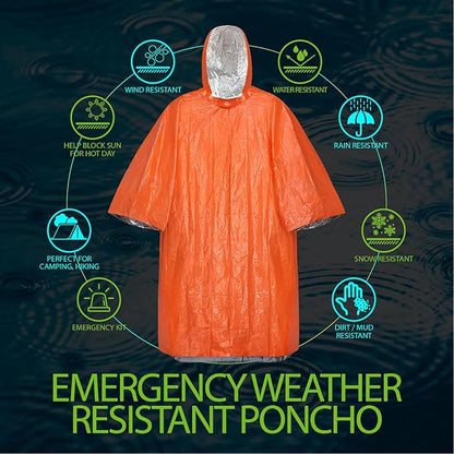 FosPower Emergency Rain Poncho [4 Pack] [Retains 90% Body Heat] Reusable Weather Resistant Raincoat for Men, Women, Adults, Camping, Hiking, Emergency Supplies & Survival Kits (Orange)