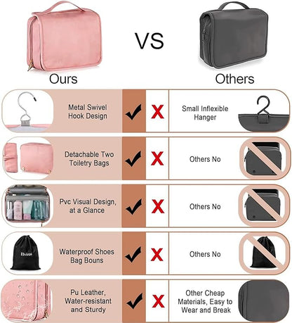 Elviros Travel Toiletry Bag for Men and Women with Hanging Hook, 3 in 1 Multifunctional Large Makeup Cosmetic Case for Toiletries Accessories, Water-resistant PU Leather Bathroom Dopp Kit Shaving Bag