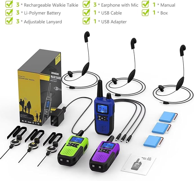 3 Walkie Talkies for Adults Long Range Rechargeable Walkie-Talkies - Long Distance 2 Way Radios Walkie Talkies 3 Pack Walkie Talkies with Earpiece and Mic Set USB Charger Lanyard NOAA Weather Alert