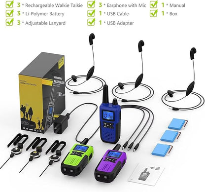 3 Walkie Talkies for Adults Long Range Rechargeable Walkie-Talkies - Long Distance 2 Way Radios Walkie Talkies 3 Pack Walkie Talkies with Earpiece and Mic Set USB Charger Lanyard NOAA Weather Alert