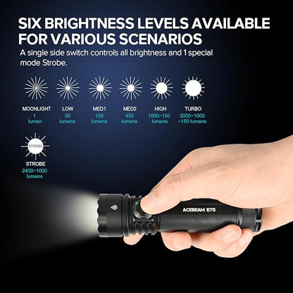 ACEBEAM E75 3000 High Lumens Flashlight with Magnetic Base, Super Bright LED Flashlight Rechargeable, IPX8 Water-Resistant Tactical EDC Flash Light, 26 Days Super Long Lasting for Camping,Everyday Use
