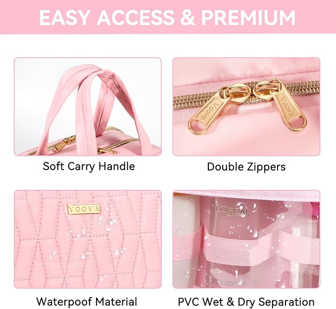 Voova Hanging Travel Toiletry Bag for Women Men, Waterproof Makeup Cosmetic Organizer Holder for Toiletries Accessories, Traveling Essentials,Shampoo,Full-Sized Container, Brushes Kit Set, Pink