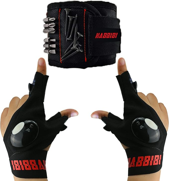 LED Flashlight Gloves for Men with Magnetic Wristband - Waterproof, Night Working, Battery Powered, Black