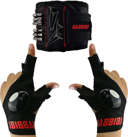 LED Flashlight Gloves for Men with Magnetic Wristband - Waterproof, Night Working, Battery Powered, Black