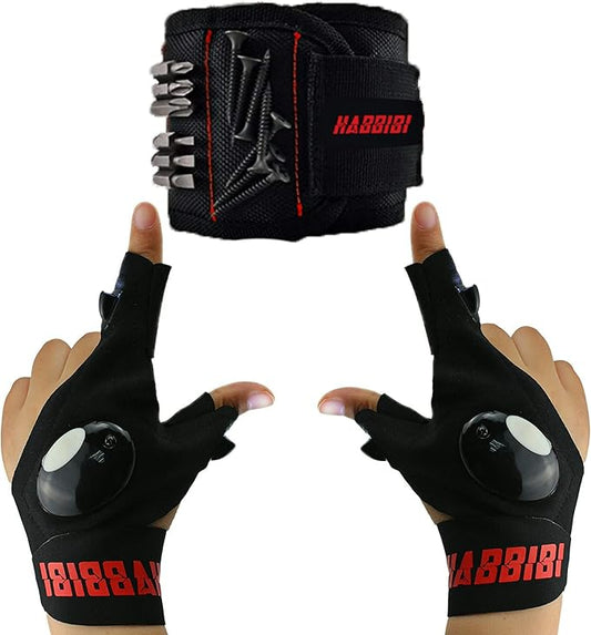 LED Flashlight Gloves for Men with Magnetic Wristband - Waterproof, Night Working, Battery Powered, Black