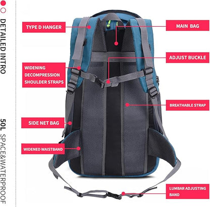 Bseash 50L Hiking Backpack, Water Resistant Lightweight Outdoor Sport Daypack Travel Bag for Camping Climbing Touring (Blue Green - With Shoe Compartment)