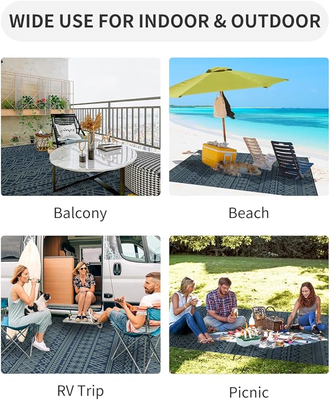 MontVoo Outdoor Rug Carpet Waterproof 5x8 Outdoor Patio Rug Mat Reverisble Plastic Straw Outdoor Rug for RV Camping Picnic Beach Balcony Boho Blue Green