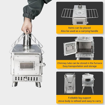 Outdoor Camping Stove Camp Tent Stove, Portable Wood Burning Stove with Chimney Pipe for Tent, Shelter, Camping Heating and Cooking (Pipe Diameter: 2.36")