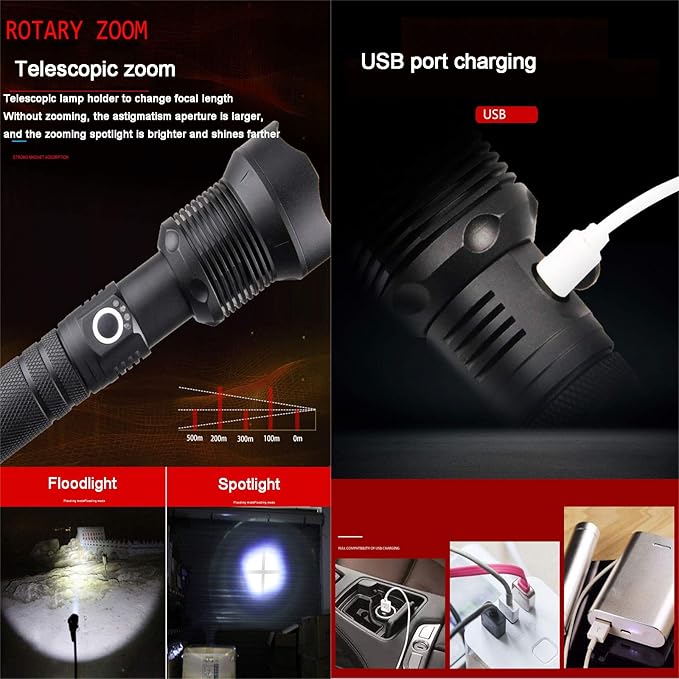 LED Flashlight high lumens Rechargeable,200000 lumens Super Bright XHP90 Tactical Flashlight,zoomable Waterproof Powerful Handheld Flash Lights for utdoor Camping Hiking