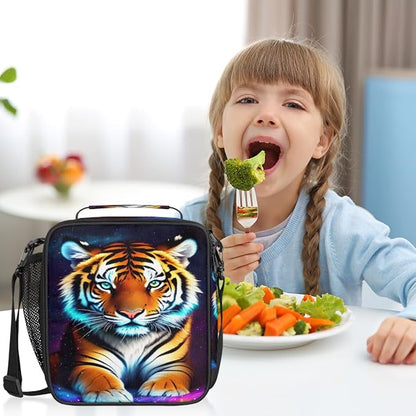 Galaxy Colorful Tiger Insulated Lunch Bag for Girls Boys Teen Cute Tiger Reusable Lunch Box with Shoulder Strap Freezable Thermal Cooler Bag Meal Prep Boxs for School Travel Picnic Beach Lunch Pail