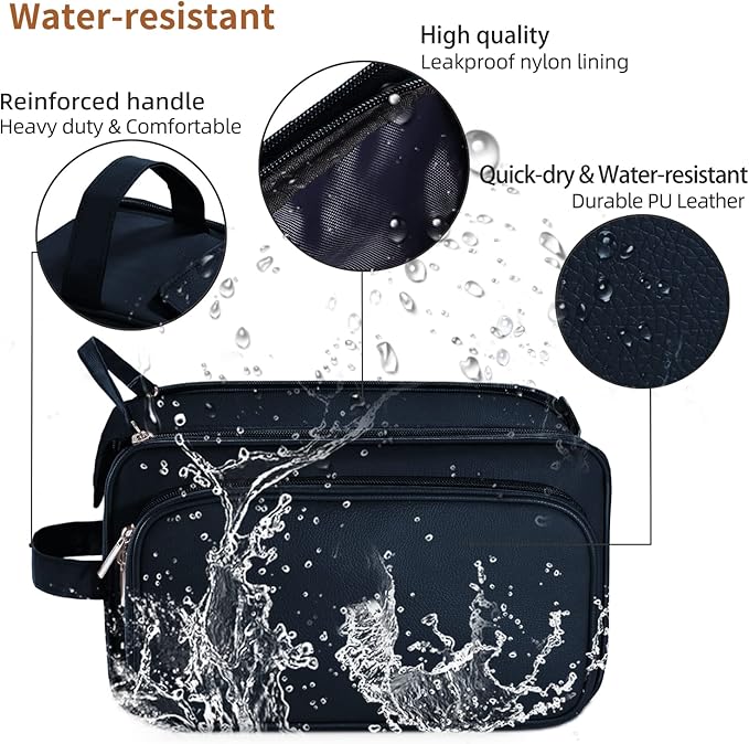 Buruis Extra Large Toiletry Bag for Men, Travel Toiletry Organizer Dopp Kit Water-resistant Shaving Bags, PU Leather Cosmetic Bathroom Shower Bag for Toiletries, Grooming, Accessories (Blue)