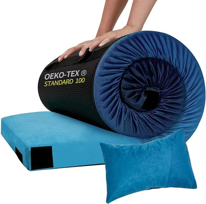 Memory Foam Camping Pad, Camping Sleeping Pad, Camping Mattress Pad with Pillow & Travel Bag, Portable Floor Mat Roll Up for Guest Adults Side Sleepers Indoor Outdoor Travel