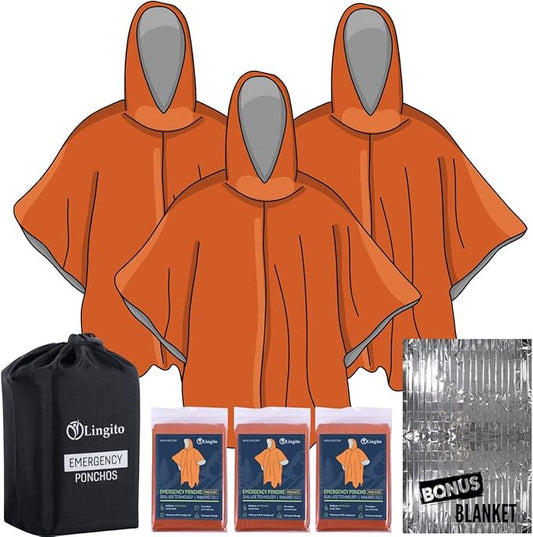 Lingito Rain Ponchos Family Pack - Emergency Drawstring Hood Poncho for Children & Adults Lightweight Reusable or Disposable