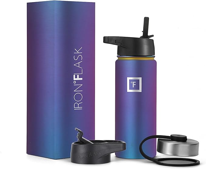 IRON °FLASK Camping & Hiking Hydration Flask, Wide Mouth, 3 Straw Lids, Stainless Steel Outdoor Water Bottle, Double Walled, Insulated Thermos, Metal Canteen - Aurora, 18 Oz