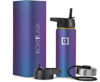 IRON °FLASK Camping & Hiking Hydration Flask, Wide Mouth, 3 Straw Lids, Stainless Steel Outdoor Water Bottle, Double Walled, Insulated Thermos, Metal Canteen - Aurora, 18 Oz
