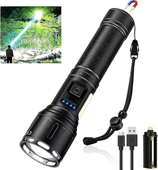 Rechargeable Magnetic Flashlights 100,000 High Lumens, Super Bright LED Powerful Flashlight 8 Modes with COB Work Light, Waterproof Handheld Flash Light for Camping (1 Pack with Paper Box, Black)