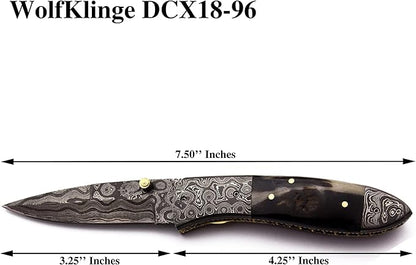 Handmade Damascus Steel Pocket,FoldingKnife Bowie for Hunting,Survival,Camping,Bushcraft and Fishing -Fixed Blade Dagger with Folding Full Tang-Micarta Handle with Cowhide-Leather Sheath-DCX 21 -96