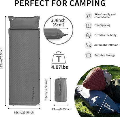 Naturehike Sleeping Pad, 2.4 inch Thick Self Inflating Sleeping Pad for Camping, Durable Camping Mattress Connectable with Multiple, Lightweight Sleeping Mats for Backpacking, Tent, Hammock, Hiking
