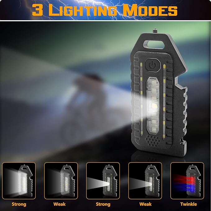 2 Pcs LED Small Flashlight, Bright Rechargeable Keychain Flashlights 3 Light Modes Portable Magnetic Pocket Light with Hanging Rope Bottle Opener Window Breaker Whistle for Fishing Camping