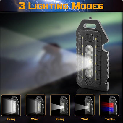 2 Pcs LED Small Flashlight, Bright Rechargeable Keychain Flashlights 3 Light Modes Portable Magnetic Pocket Light with Hanging Rope Bottle Opener Window Breaker Whistle for Fishing Camping