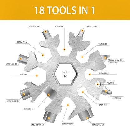FZENeast Snowflake Multitool, 1 Piece 18-in-1 Stainless Steel Snowflake Standard Multitool, Snowflake Wrench with Key Ring, Carabiner Clip and Gift Bag (Silver)