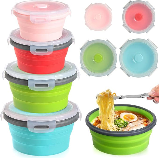 Suclain 4 Pcs Camping Bowl with Lid Collapsible Silicone Bowl Lunch Box Salad Bowl Expandable Food Storage Container Set Folding Travel Bowl for Hiking Heat (Red, Pink, Blue, Green,17, 12, 41, 27 oz)