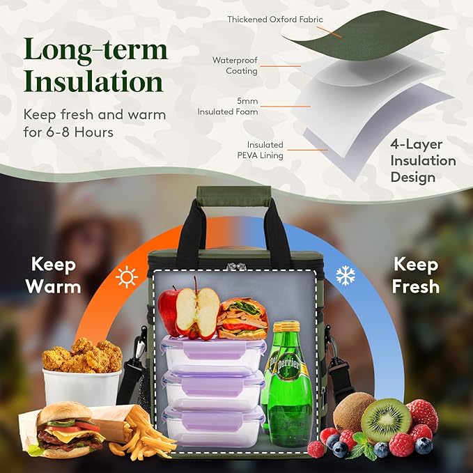 Lifewit Double Deck Tactical Lunch Box for Men, Expandable Leakproof Insulated Large Lunch Cooler with MOLLE Webbing and Shoulder Straps, Heavy Duty Lunch Bag for Men Work Camping Picnic, 16L Green
