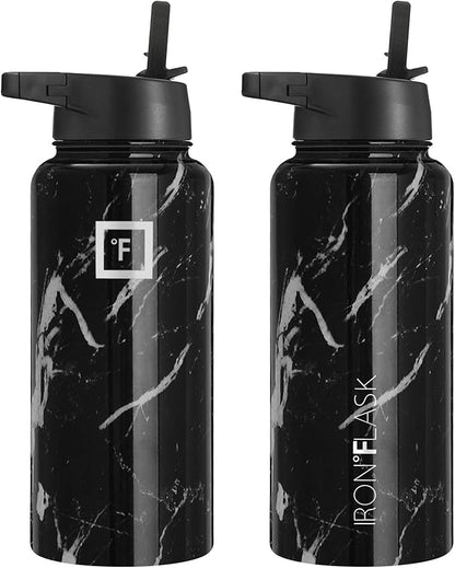 IRON °FLASK Camping & Hiking Hydration Flask, Wide Mouth, 3 Straw Lids, Stainless Steel Outdoor Water Bottle, Double Walled, Insulated Thermos, Metal Canteen - Black Marquina, 32 Oz