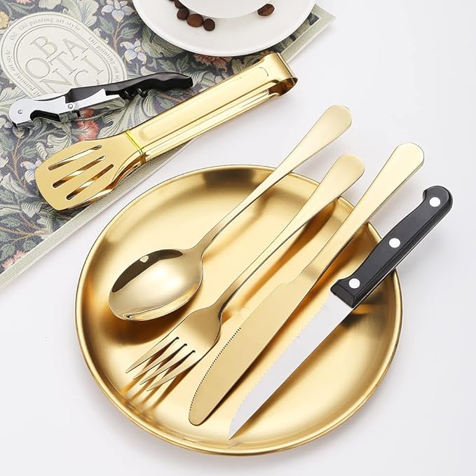 Picnic Dishes Utensils Gold Camping Flatware Set for 4 Portable Tableware Plates Silverware Forks Spoons Knives Bottle Opener Food Tongs Complete Kit with Zipper Bag