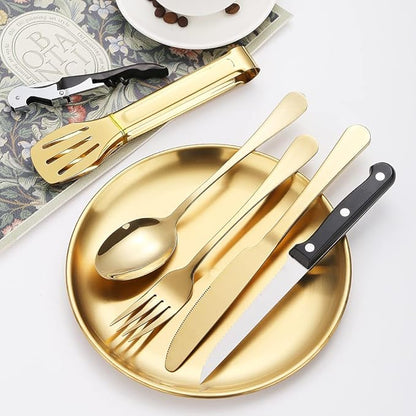 Picnic Dishes Utensils Gold Camping Flatware Set for 4 Portable Tableware Plates Silverware Forks Spoons Knives Bottle Opener Food Tongs Complete Kit with Zipper Bag