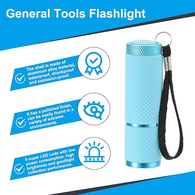 PATIKIL 9 LED Glow in Dark Flashlights, 2 Pcs Mini Aluminum Flashlight Rubber Coated Flashlight with Strap for Camping, Hiking, Party, Blue