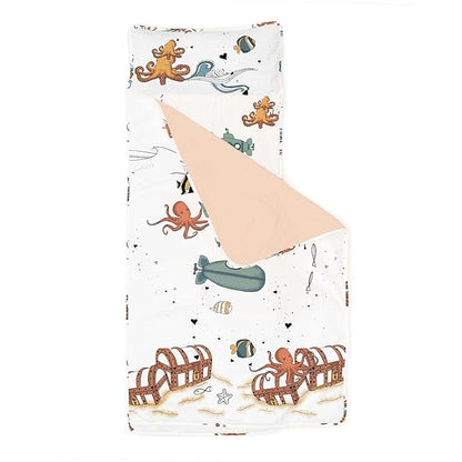 JumpOff Jo - Extra Long Toddler Nap Mat for Preschool, Daycare and Kindergarten - Sleeping Bag for Kids with Removable Pillow and Ultra Soft Blanket - Octopus Treasure
