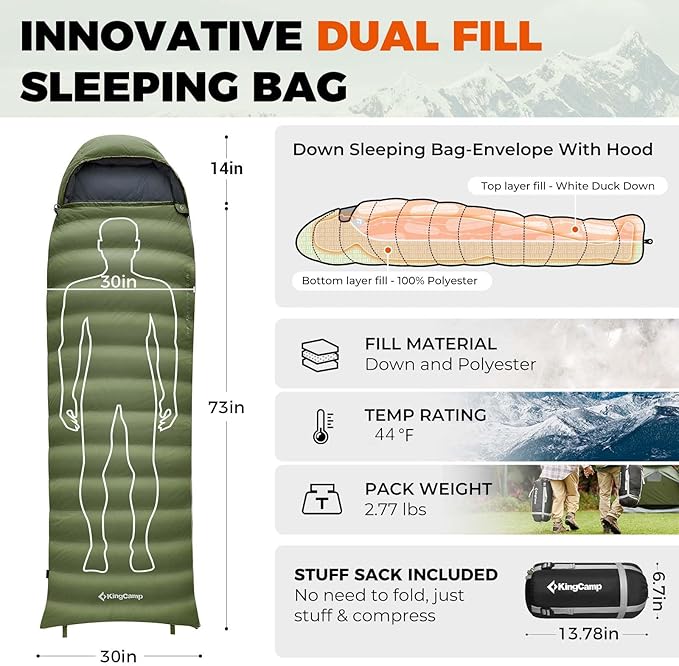 KingCamp Sleeping-Bags Down Sleeping Bag for Adults, Recycled 700 FP Cold Weather 3-4 Season Sleeping Bag